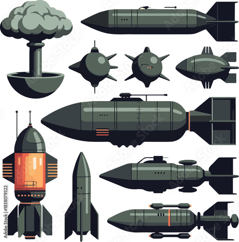 Isolated a kinds of deferent atomic bomb vector art with white background.