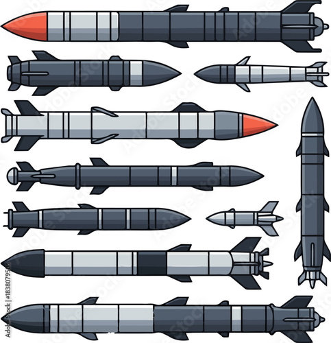 Isolated a kinds of deferent Missile vector art with white background.