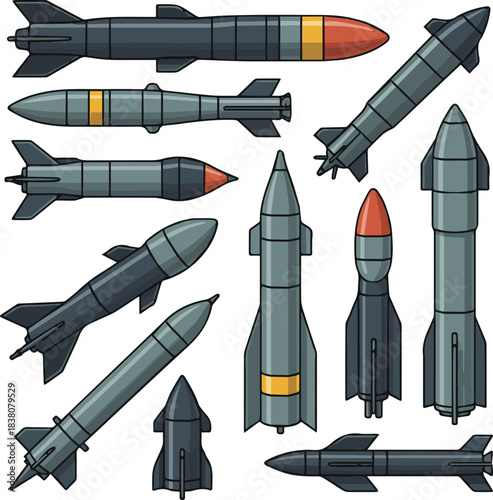 Isolated a kinds of deferent Missile vector art with white background.