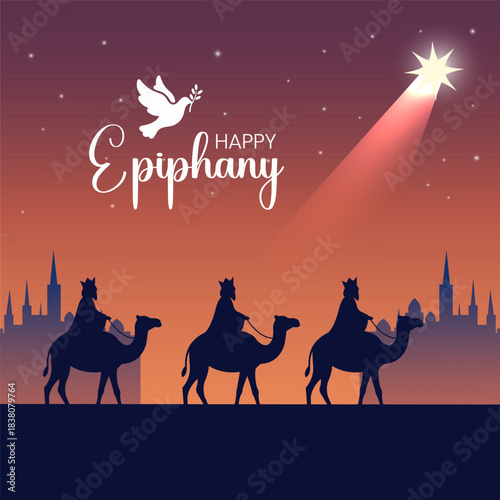 Vector silhouette illustration of Happy Epiphany Day, Three wise men on camels in a beautiful landscape background.