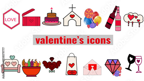 Set of colorful flat design vector icons representing various romantic and Valentine's day symbols, including gifts, sweets, and beverages