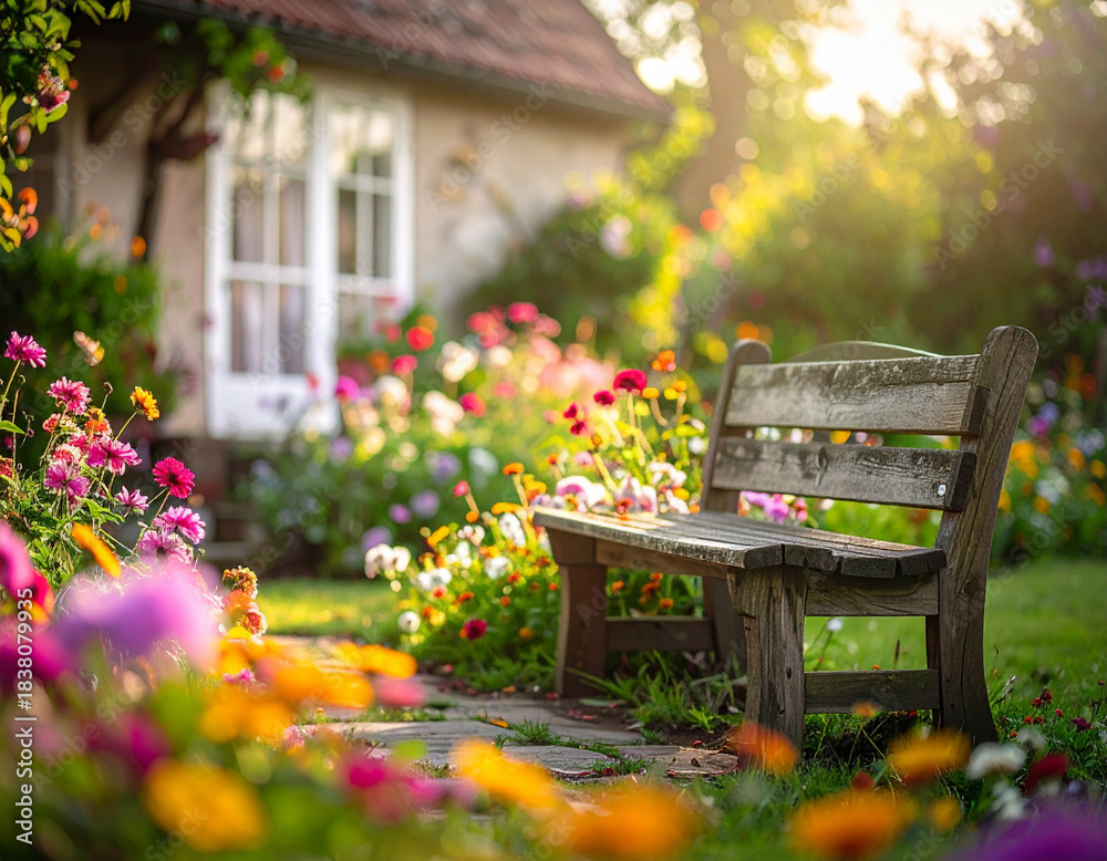 Fototapeta premium Stary dom i magiczny ogród kwiatowy