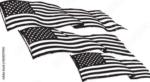 Multiple Waving American Flags in Black and White Silhouette United States