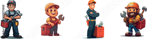 The image features a cartoon plumber, equipped with an oversized wrench on one hand and a toolbox on the other, presented in a modern clip art style with simple gradients and utilizing separate