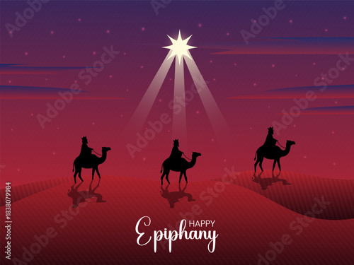 Vector illustration of Happy Epiphany Day, Three wise men on camels in a beautiful landscape night background.