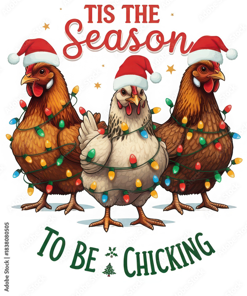 Fototapeta premium Illustration of tis the season to be chicking funny christmas chickens wearing santa hats and wrapped in lights isolated on transparent background