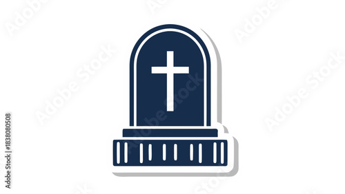 A Dark Blue Gravestone With A White Cross On Top Isolated On A Black Background With A White Outline And Shadow