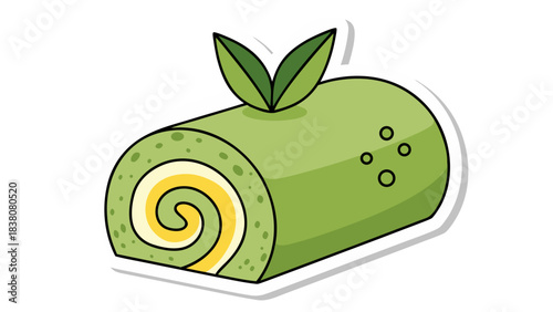 A Delightful Green Swiss Roll Cake with a Swirl of Cream and Yellow Filling Adorned with Two Green Leaves on Top Presented as a Sticker on a Black Background