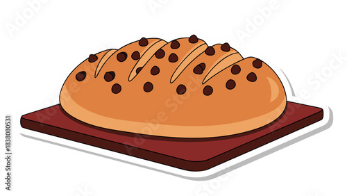 A Deliciously Baked Loaf of Bread Studded with Rich Dark Chocolate Chips Resting on a Rustic Wooden Cutting Board Isolated on a Transparent Background