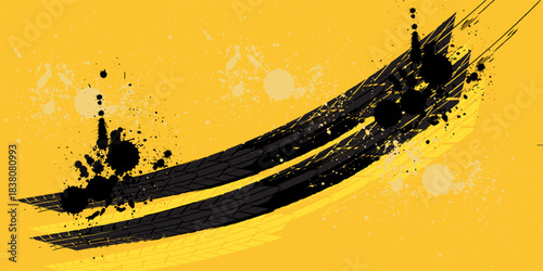Grunge car tire marks on yellow background with splashes, template for business card with copy space. Vector illustration.