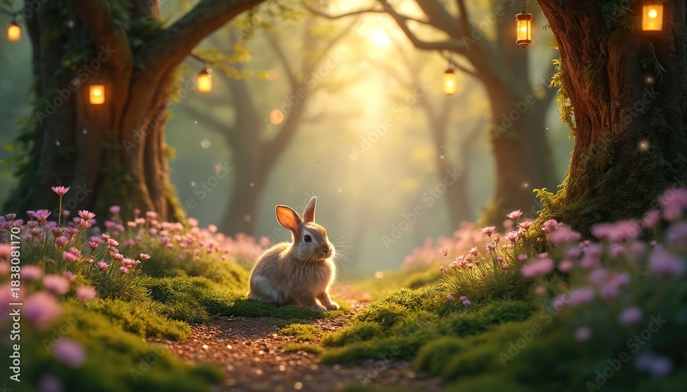 Fototapeta premium Rabbit sits in enchanted forest with pink flowers mossy trees. Lanterns hang from branches illuminating magical woodland. Spring easter scene with bunny in dreamy fairytale garden landscape.