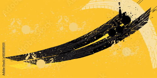Grunge car tire marks on yellow background with splashes, template for business card with copy space. Vector illustration.
