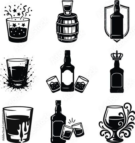 Classic whiskey silhouette bundle set offering timeless bottle and glass elements