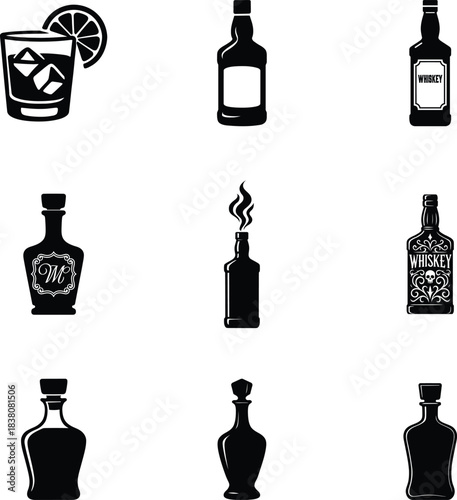 Premium whiskey silhouette bundle set featuring elegant bottle and glass designs