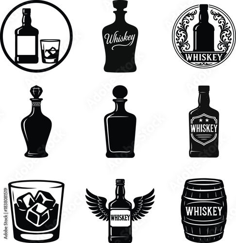 Professional whiskey silhouette bundle set showcasing refined bottle glass and barrel