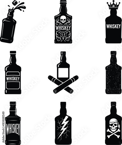 Stylish whiskey silhouette bundle set with detailed bottle and tumbler graphics