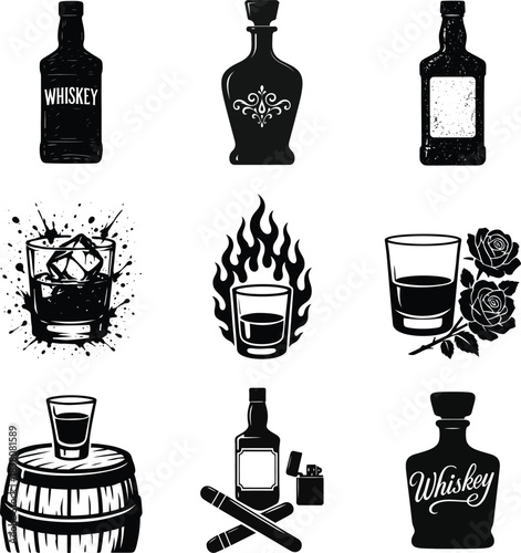 Vintage inspired whiskey silhouette bundle set including authentic drink shapes