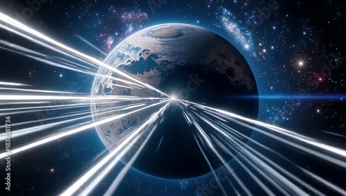 Sci-fi warp speed effect with blue light beams near a planet.