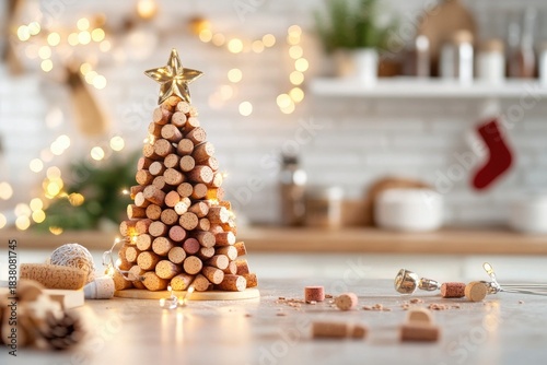 Festive wine cork christmas tree with lights and ornaments on a rustic table
