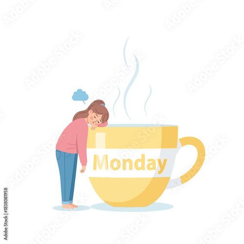 Monday blues: Exhausted woman leaning on a giant coffee cup with steam and sleepy mood
