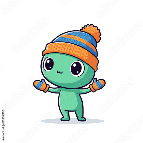 Adorable cartoon character with a colorful winter hat and mittens ready for cold adventures