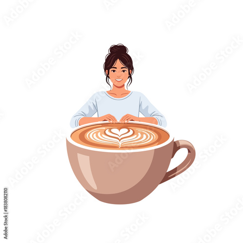 Charming girl embracing a giant latte art showcasing beverage culture representation