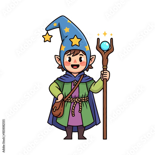 Enchanting elven wizard casts a spell, radiating youthful charm and mystical allure