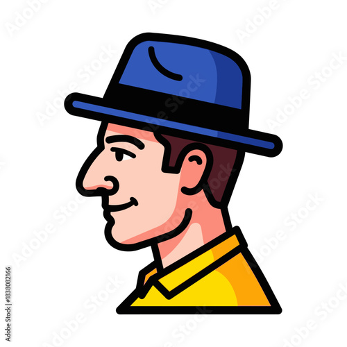 Stylized vector portrait illustration of a man wearing a distinctive blue hat side view