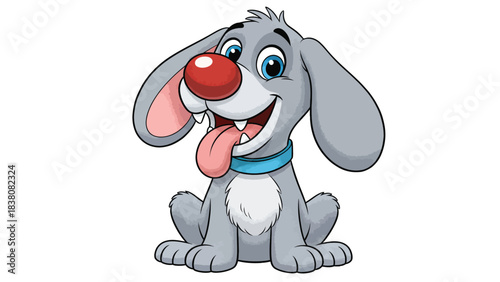 Happy Cartoon Dog with Big Red Nose Blue Collar and Tongue Out Adorable Pet Character Illustration for Children s Books Design