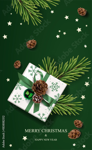 Christmas and New Year vertical card with decorative gift box, green ball and spruce branch. Vector illustration	