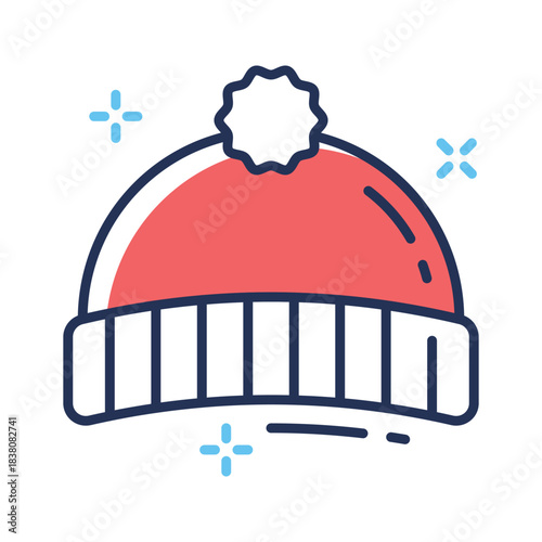 Flat outline icon of cozy knitted winter hat with pom pom for Christmas season