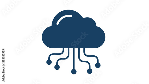 Abstract dark blue cloud icon with digital circuit connections against a stark black background representing cloud computing and data transfer technology
