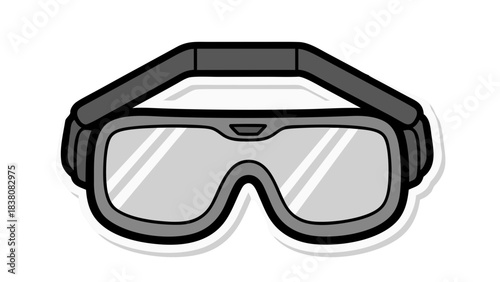 A pair of safety goggles with a grey strap and clear lenses, illustrated in a pixel art style with a white outline against a black background