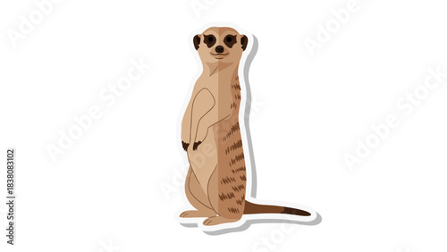 A Standing Meerkat With Dark Eyes And Striped Back Standing On Its Hind Legs Against A Black Background With A White Outline