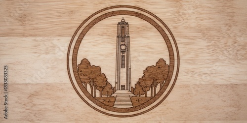 Tower engraving on wood architectural landmark artwork and illustration