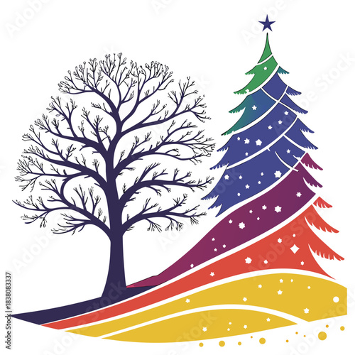 Artistic multicolor Christmas tree vector using vibrant paint strokes.