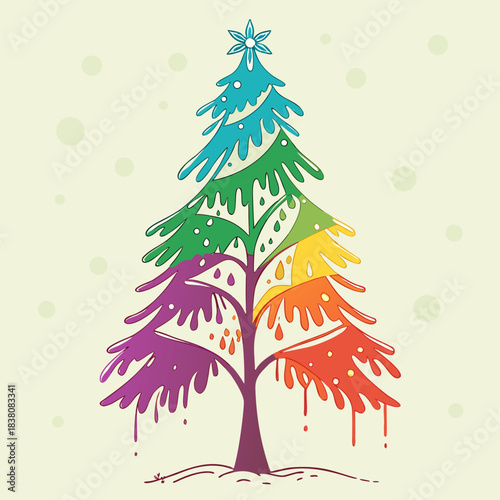 Vector Christmas tree with multicolor abstract paint textures for holiday design.