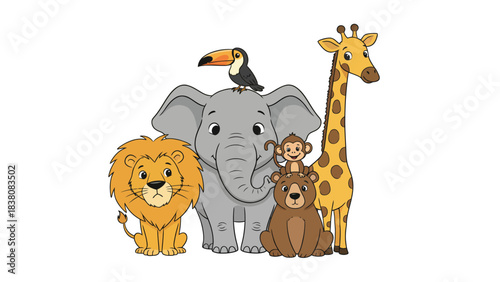 Cute Cartoon Jungle Animals Group Portrait Elephant Lion Giraffe Bear Monkey Toucan Adorable Wildlife Friends Illustration for Kids Education and Safari Themes
