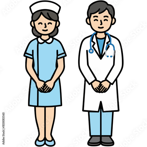 医師と看護師が静かにお辞儀する姿を描き、やわらかで清潔感のあるイラスト　医療説明や施設紹介