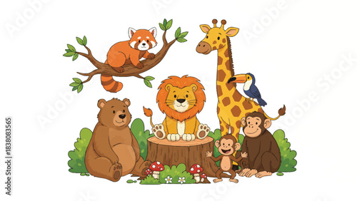 Cute Cartoon Animals in Forest Habitat Lion Giraffe Bear Monkey Red Panda Toucan Wildlife Illustration for Kids
