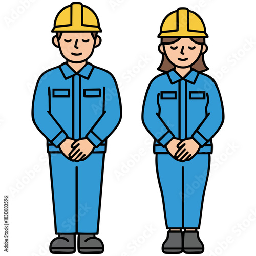 作業員が青い作業着とヘルメット姿で静かにお辞儀する様子を描き、しっとりとした雰囲気の中に希望や調和を感じさせるイラストです。安全教育や現場案内、説明資料にも使いやすい落ち着いた印象