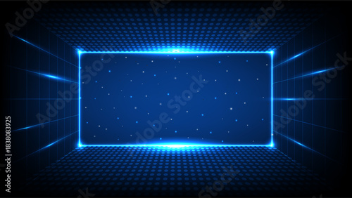 Glowing blue neon frame in a dark futuristic room with grid walls and star-like lights, ideal for tech designs