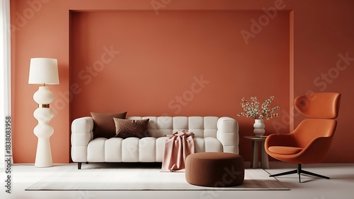 Modern living room interior with terracotta walls and comfortable seating arrangement