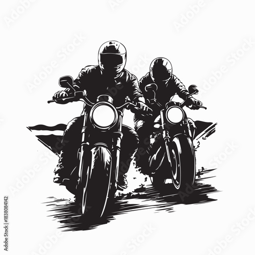 Two Motorcyclists Riding Together on Highway Silhouette Vector
