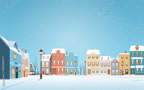 Christmas town winter snow street festive houses snowfall blue sky cozy holiday neighborhood scene with colorful buildings lamp posts trees
