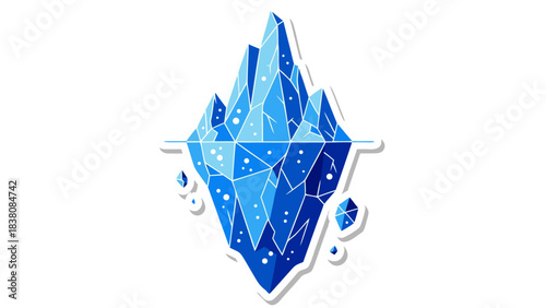 Abstract Geometric Blue Iceberg With Snowflakes Floating In Water With Reflection And Dark Background