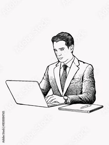 Sketch drawing, black and white, male office worker, typing on computer, laptop, vector illustration