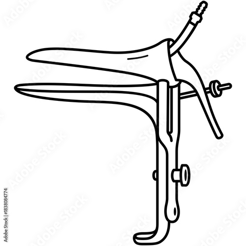 Surgical vaginal speculum. Large bivalve instrument for gynecological examination. Sterile medical tool. Vector outline icon.