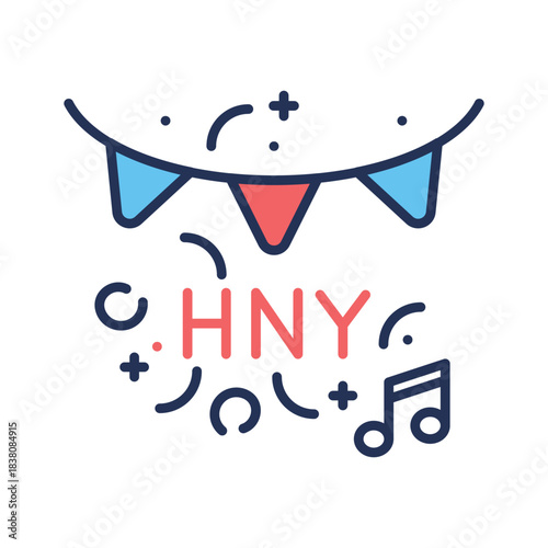 A bright starburst label with �Happy New Year� surrounded by colorful confetti