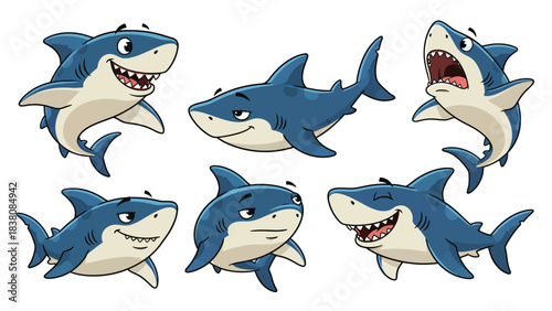 Collection of Cute Cartoon Sharks with Various Expressions